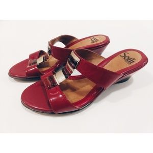 Sofft red embellished slide wedge t-strap sandals